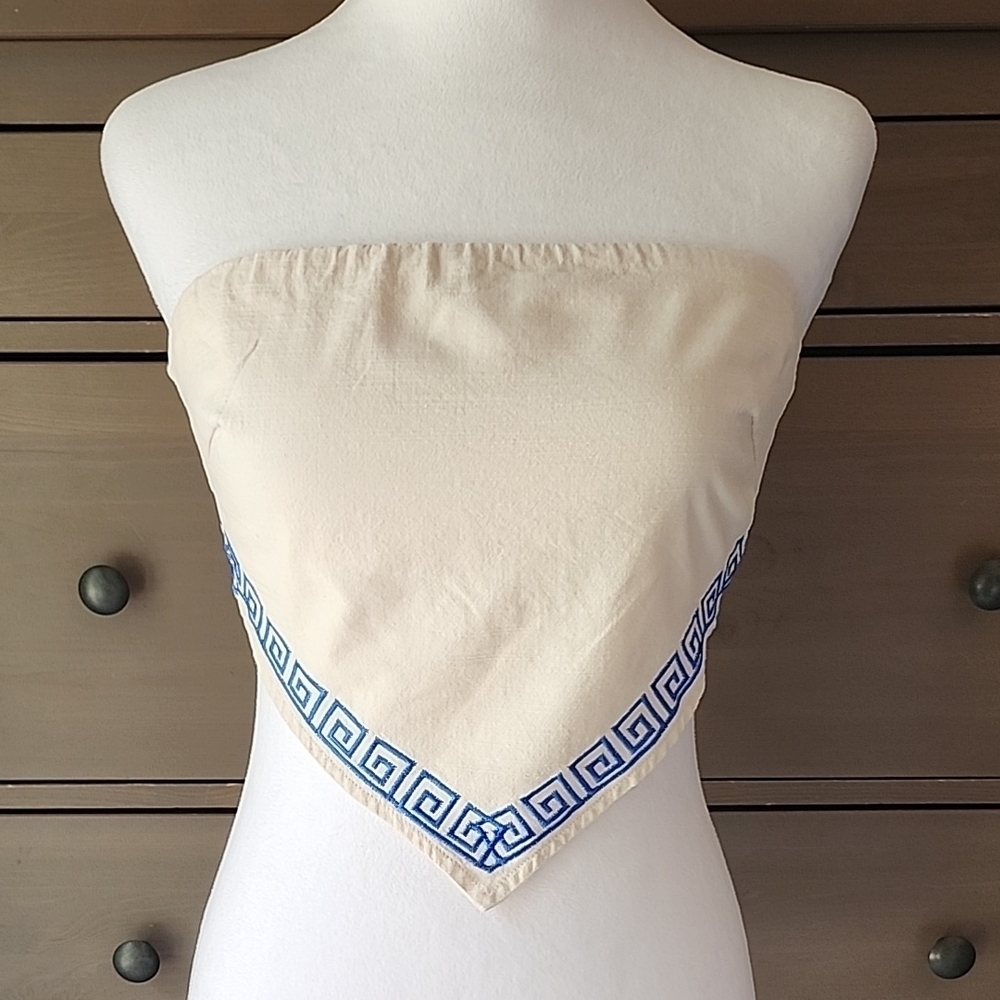 Cream Tied Back Strapless Top with Blue Greek Key Design Size XS